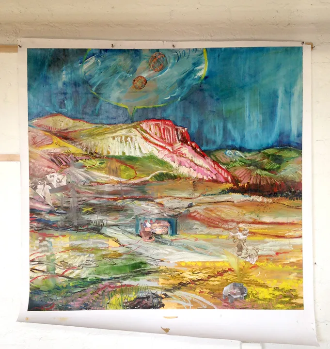 CAMILLE SCHEFTER Three racers in a valley, 2017 Mixed media, oil stick, on paper 60 x 62 inches