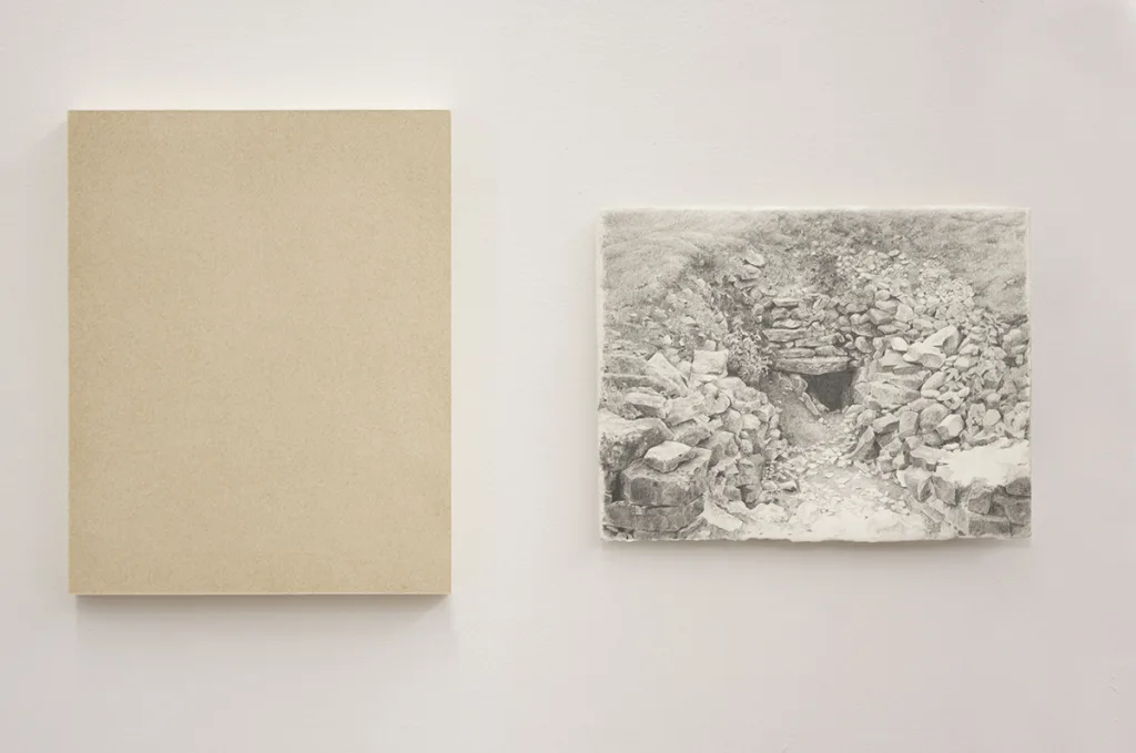 LAUREN SPENCER KING Ghost Ranch earth pigment from Ghost Ranch, New Mexico, honey, gum Arabic, glycerin on paper on panel Bougon Tumulus C graphite on paper on panel