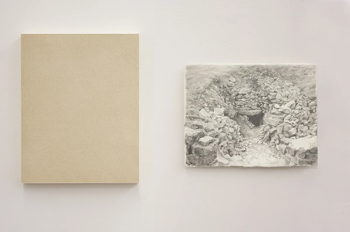 LAUREN SPENCER KING Ghost Ranch earth pigment from Ghost Ranch, New Mexico, honey, gum Arabic, glycerin on paper on panel Bougon Tumulus C graphite on paper on panel