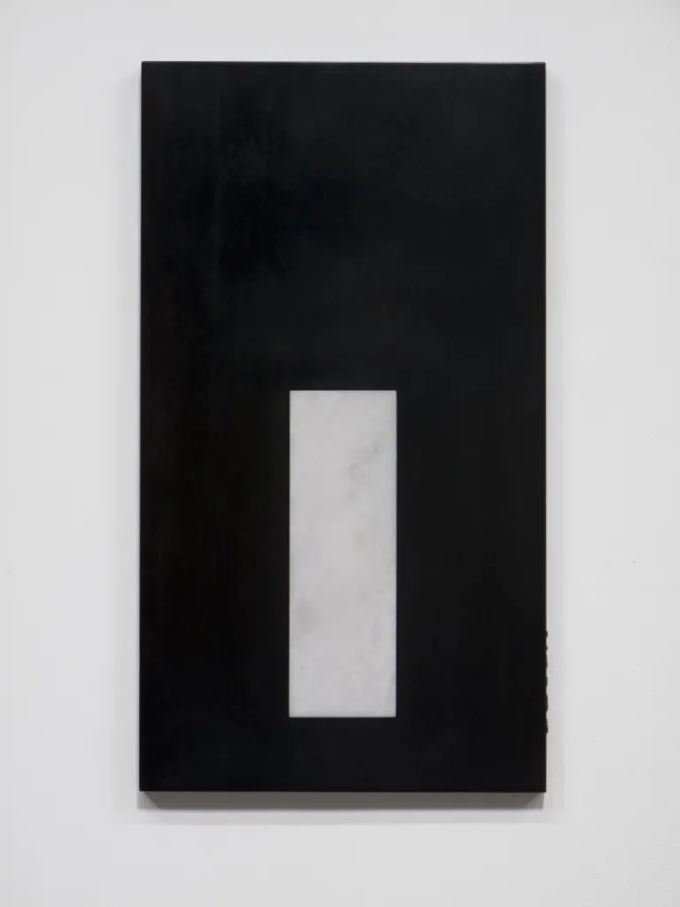 A small panel black chrome plated steel piece that has carrara marble on the middle