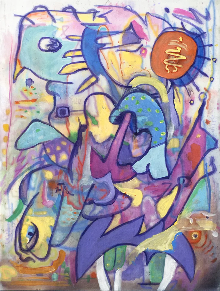Destiny's Porpoise by Rives Granade, acrylic gouache on polyester silk over panel 21 x 16 inches