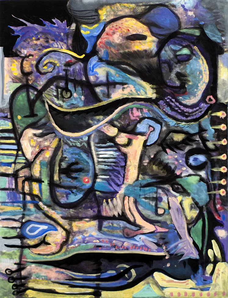 Sunscreen Eyes of Flame by Rives Granade, 2014, acrylic gouache on polyester silk over panel 21 x 16 inches