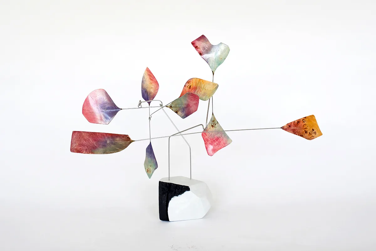 Woolsey 7 by Karolina Maszkiewicz, Malibu fire burned wood, stainless steel, wood veneer, 17 x 20 x 22 inches