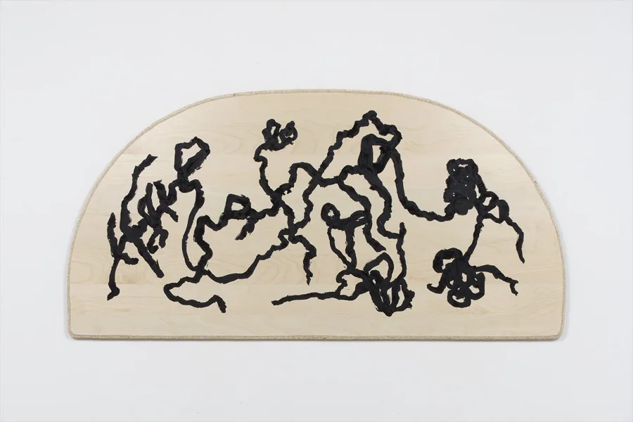 Black and white oil stick painting on panel by John Zappas, 27.25 x 54.25