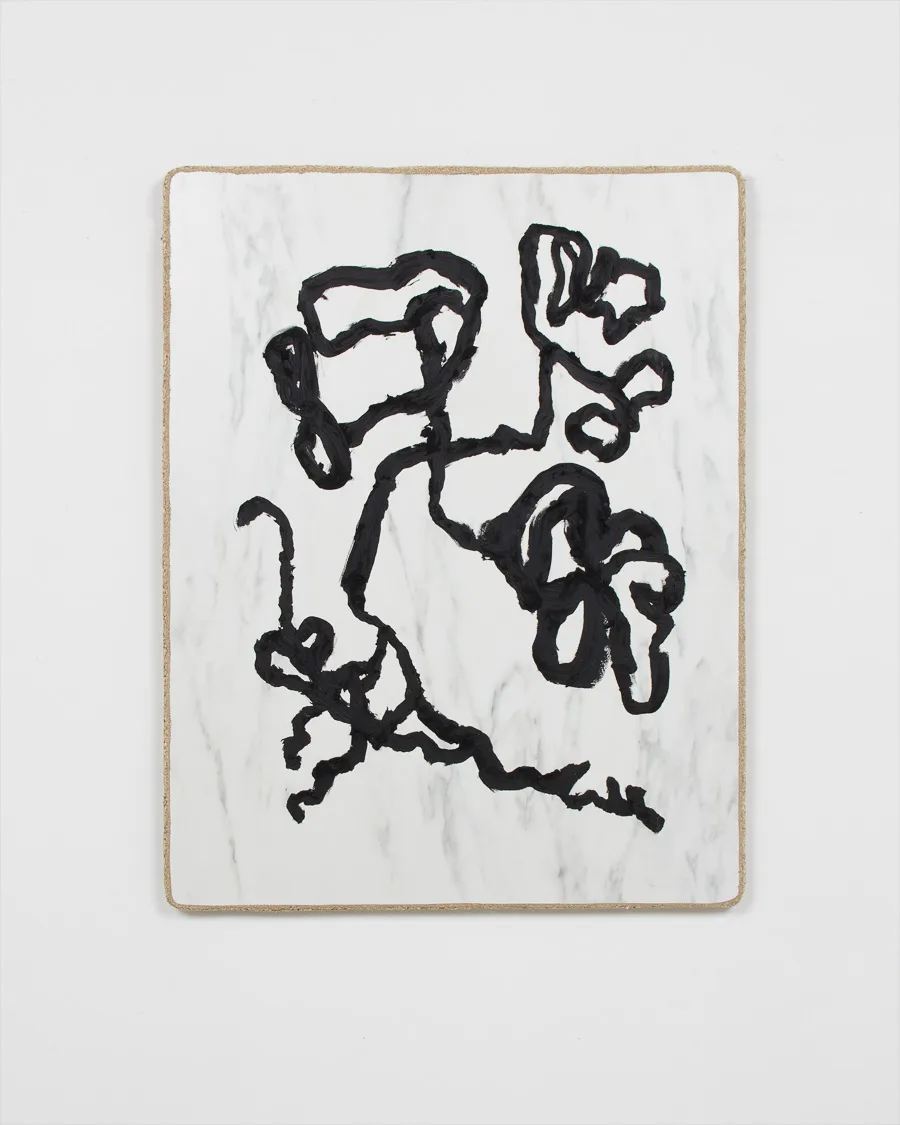 Black and white oil stick painting on panel by John Zappas, 32.25 x 25.25 inches