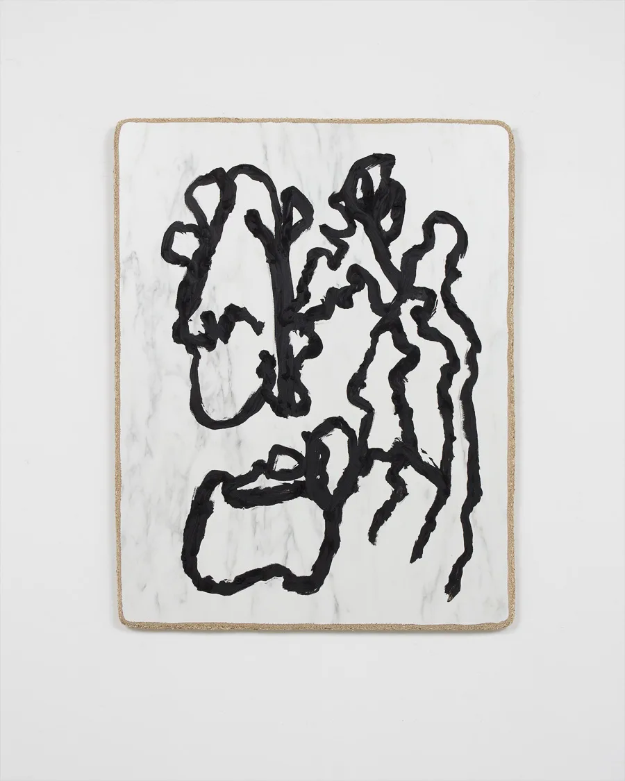 Black and white oil stick painting on panel by John Zappas, 32.25 x 25.25 inches