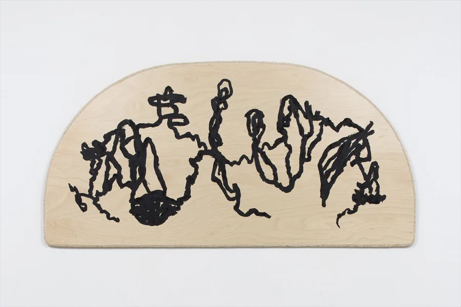 Black and white oil stick painting on panel by John Zappas, 27.25 x 54.25