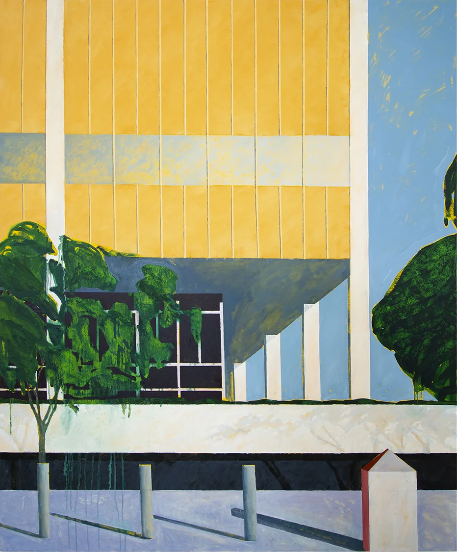 Structure with Trees by Nick McPhail, oil on canvas, 70 x 58 inches