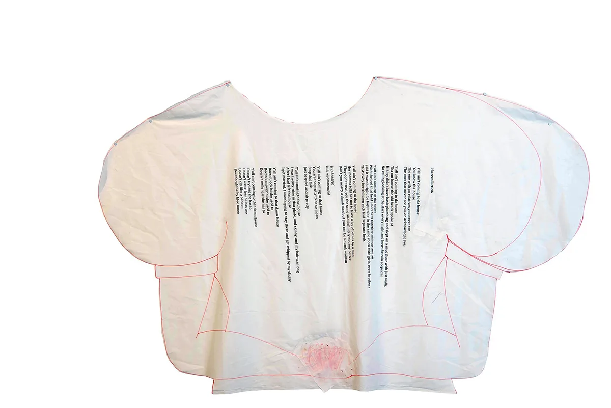 Kamaria Sheperd Ha Recollection, 2015 victorian blouse, text 72 x 48 in