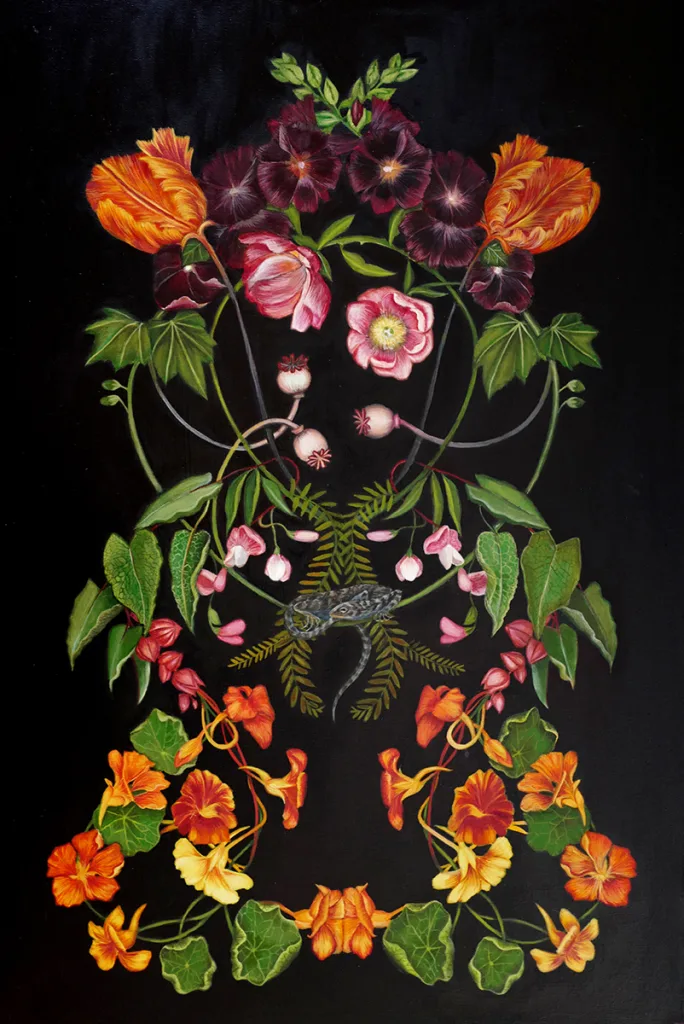 The Menagerie of Nature’s Mysteries, 2017 by Velia de Iuliis 36 x 24 inches gouache and oil paint on canvas