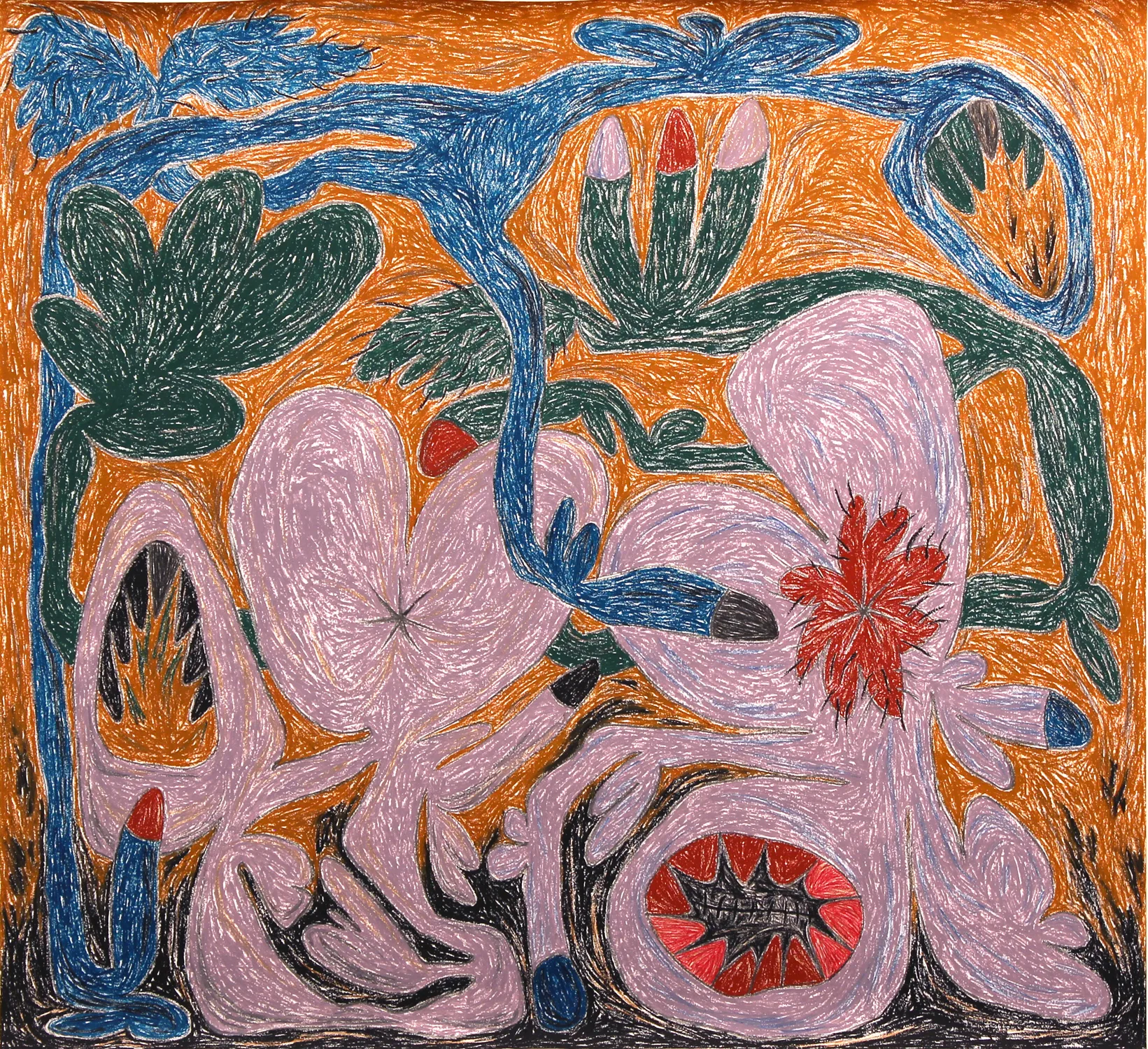 NASIM HANTEHZADEH, Sniffing the ground, 2018 Oil pastel, color pencil, and graphite on paper, 60 x 60 inches