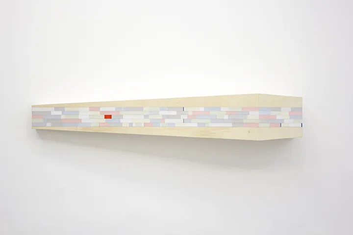 Brian Wills Untitled (Shelf), 2016 oil, rayon thread, basswood on oak 12 x 60 x 14 inches (variable)