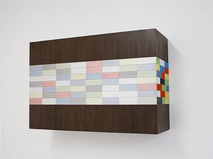 Brian Wills Untitled (Red, Gold, Silver, Wall Sculpture), 2016 rayon thread, walnut 16 x 24 x 8 inches