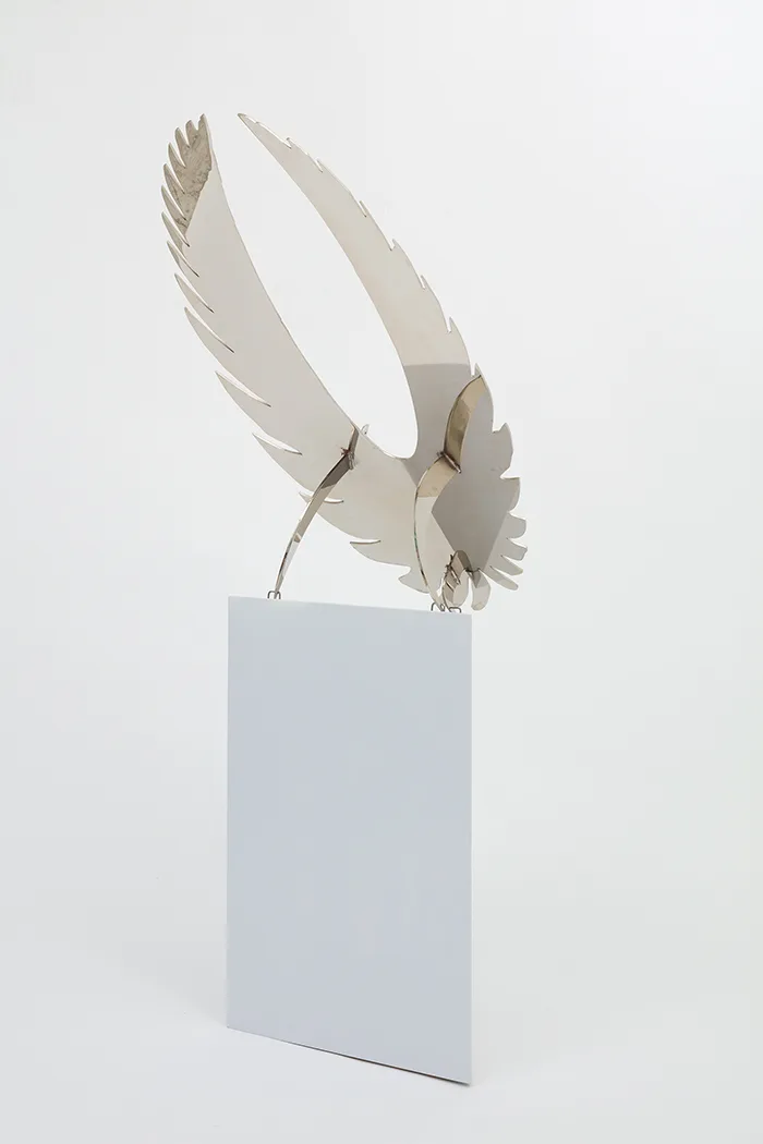 RIVES GRANADE, Bennu II, 2018 nickel plated steel, wood, steel, lacquer 61 x 37 x 21 inches