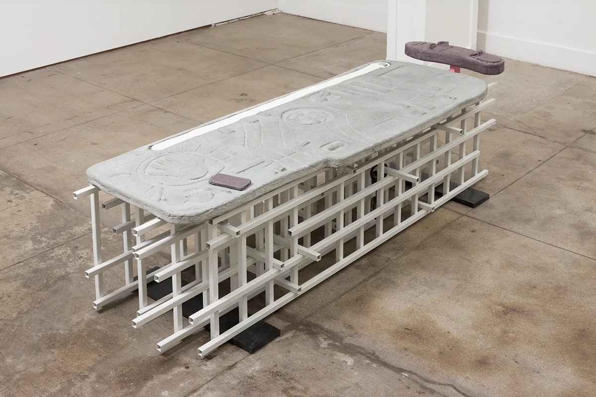 Don Edler Chaise/Massage (For Luxury Economies), 2017 Cast Hydro-stone, Crayola wax, Powder coated steel, Platinum silicone, high density rubber, handcuffs 68 x 22 x 28 inches