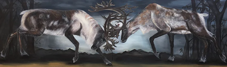 Velia de Iuliis Encounter with Fate, 2016 gouache on canvas 36 x 120 in