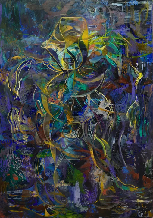 Implications. Attributing faith to the unknown. Primitive Pattern Recognition series., 2017 by Zio Ziegler, oil on canvas, 120 x 84 inches