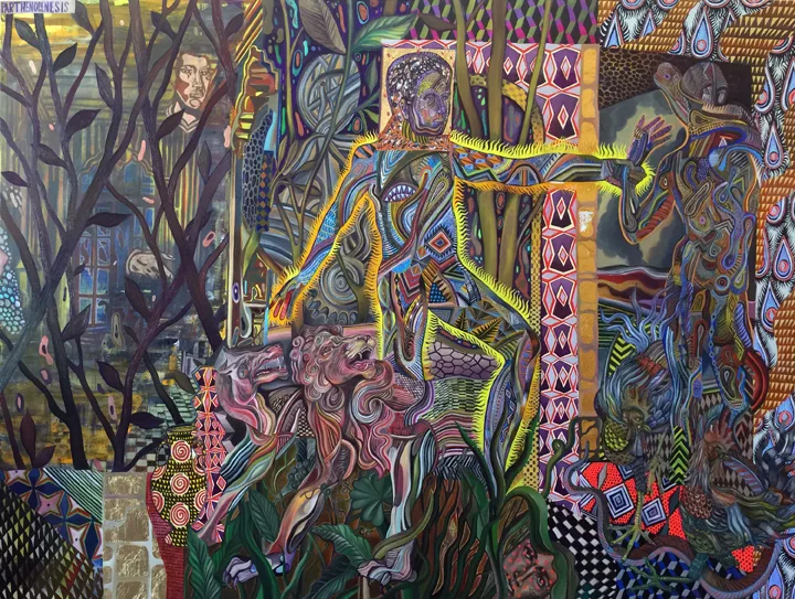 Zio Ziegler Parthenogenesis & the New World, 2015 Oil, conte crayon, gold leaf on canvas 84 x 120 inches