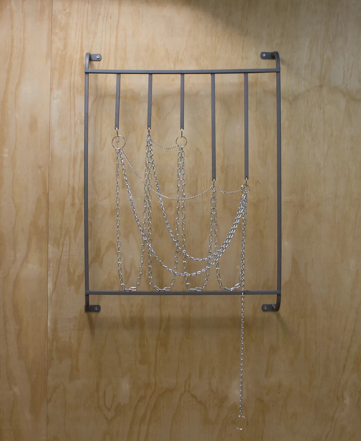 TMI, 2017 by Tanya Brodsky, Found steel security bars, sandblasted, coated; chain 37.75 x 27.75 x 4.75 inches