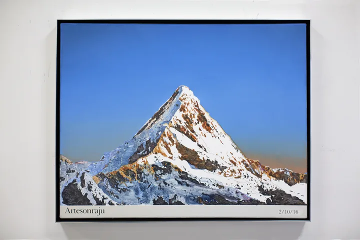 Rob Reynolds Most Painted Mountain (Artesonraju), 2016 Oil, alkyd and acrylic paint on canvas in welded aluminum artists frame. 24 3/4” x 30 3/4” x 2”