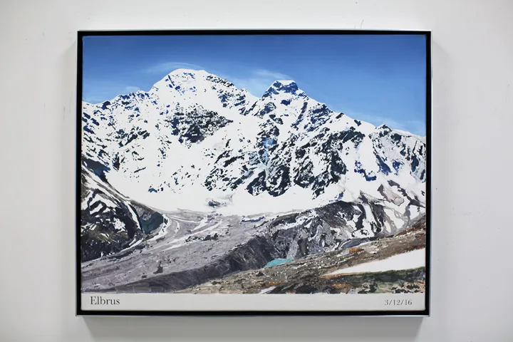 Rob Reynolds Most Painted Mountain (Elbrus), 2016 Oil, alkyd and acrylic paint on canvas in welded aluminum artists frame. 24 3/4” x 30 3/4” x 2”