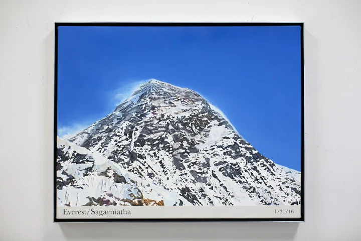 Rob Reynolds Most Painted Mountain (Everest/Sagarmāthā), 2016 Oil, alkyd and acrylic paint on canvas in welded aluminum artists frame. 24 3/4” x 30 3/4” x 2”