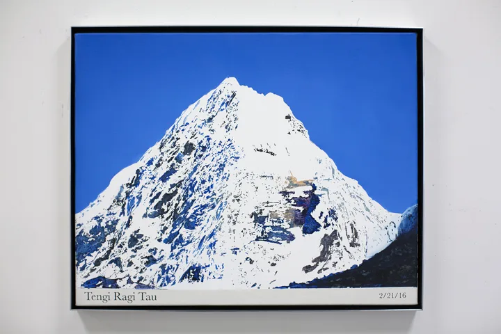 Rob Reynolds Most Painted Mountain (Tengi Ragi Tau), 2016 Oil, alkyd and acrylic paint on canvas in welded aluminum artists frame. 24 3/4” x 30 3/4” x 2”