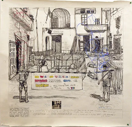 Courtyard with Blue Abstraction by William T. Wiley, mixed media on paper