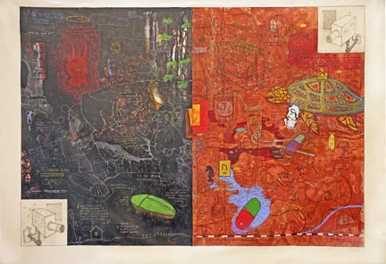 Top Notch Narrative Abstraction with Surveillance by William T. Wiley, mixed media on canvas