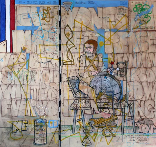 Born Again Newman 2007 by William T. Wiley, acrylic, charcoal on canvas 59 ½” x 62 ¾”