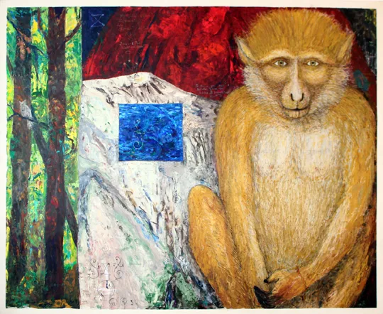 Monkey See 1995 by William T. Wiley, acrylic, charcoal on canvas 68 ¾” x 86 ½”