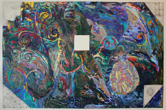 Nothing Seems Obvious to Anyone (cutting corners) 1989 by William T. Wiley, acrylic, pencil on canvas 65” x 101 ¾”