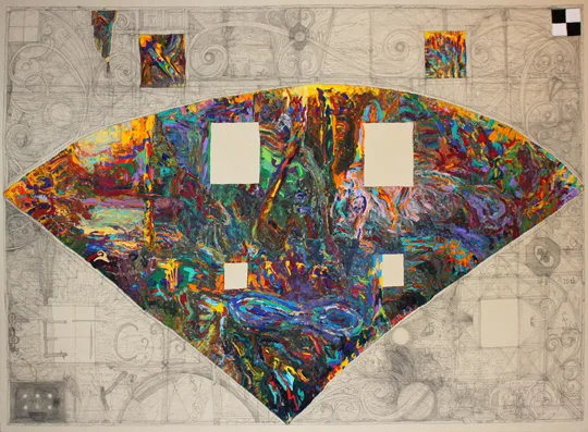 Spooky on the Line Part Etc. 1987 by William T. Wiley, acrylic, pencil on canvas 110” x 151”