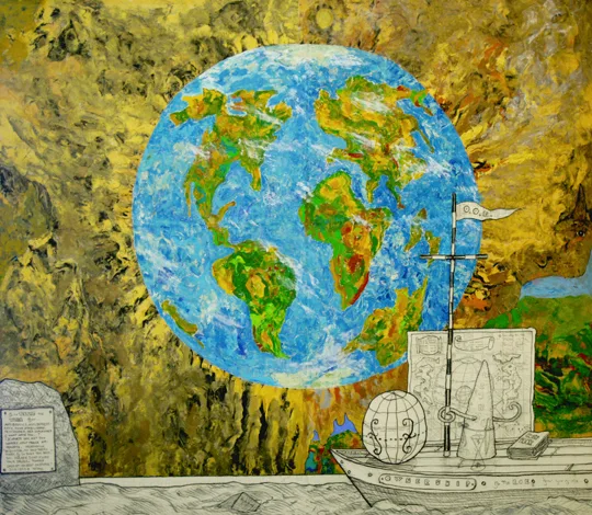 Testing the Water by William T. Wiley, Charcoal and acrylic on canvas, 61.25 x 69 inches