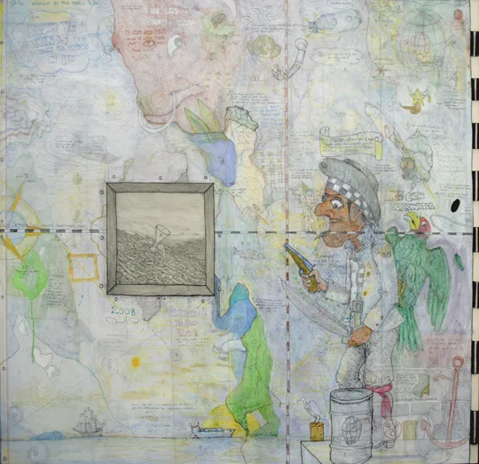 Window by the See for the Refugee by William T. Wiley, Mixed Media on Canvas, 61.25 x 64.5 inches