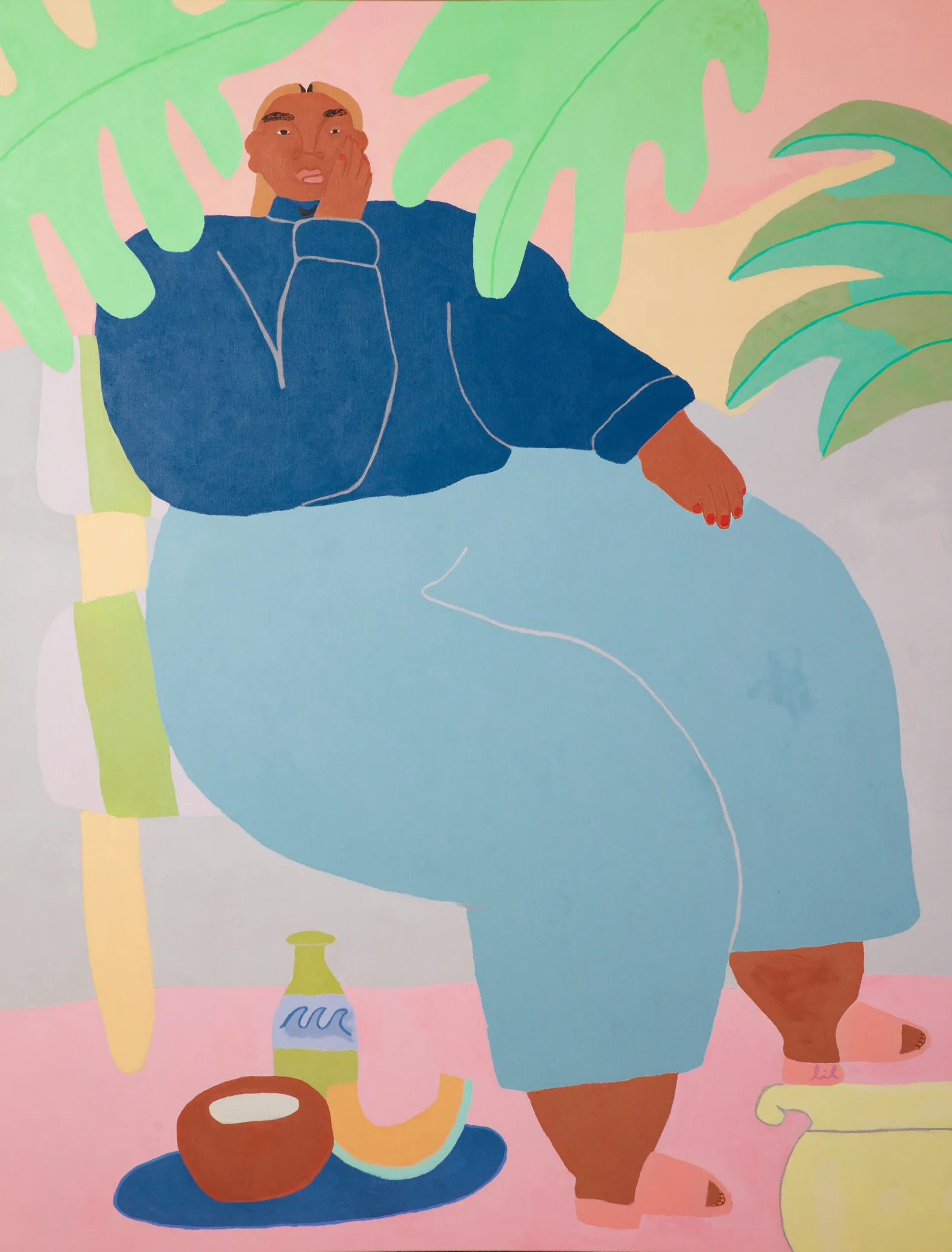 A lady is sitting on a chair and touching her left cheek