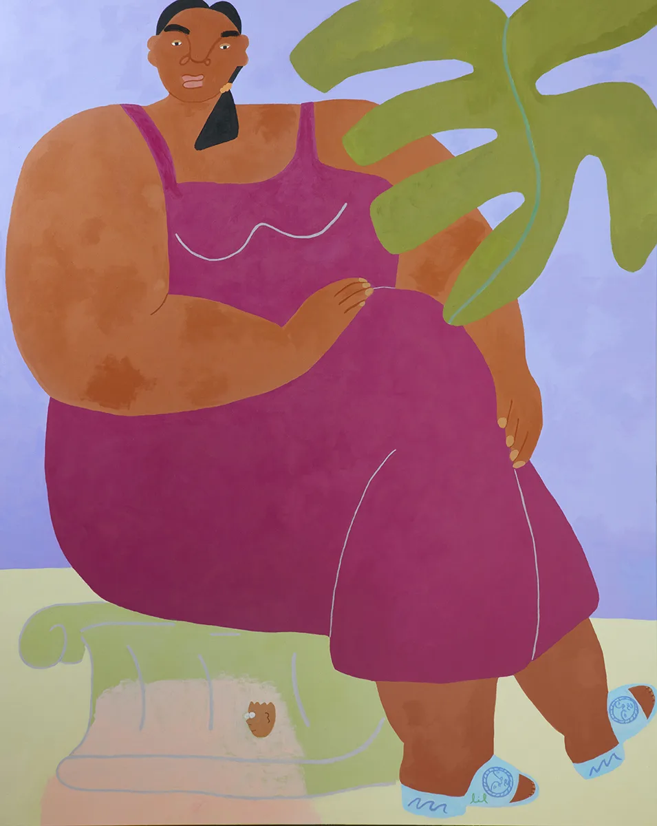 A lady sitting on a chair with legs crossed and intensely looking at us