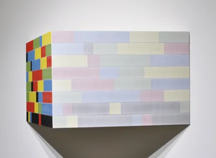 Brian Wills Untitled (Primary Wedge), 2015 enamel, single strand rayon thread, basswood on wood