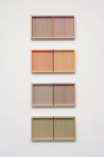 Brian Wills Untitled (hovering thread stack), 2015 rayon thread, walnut 12 x 24 inches (each)