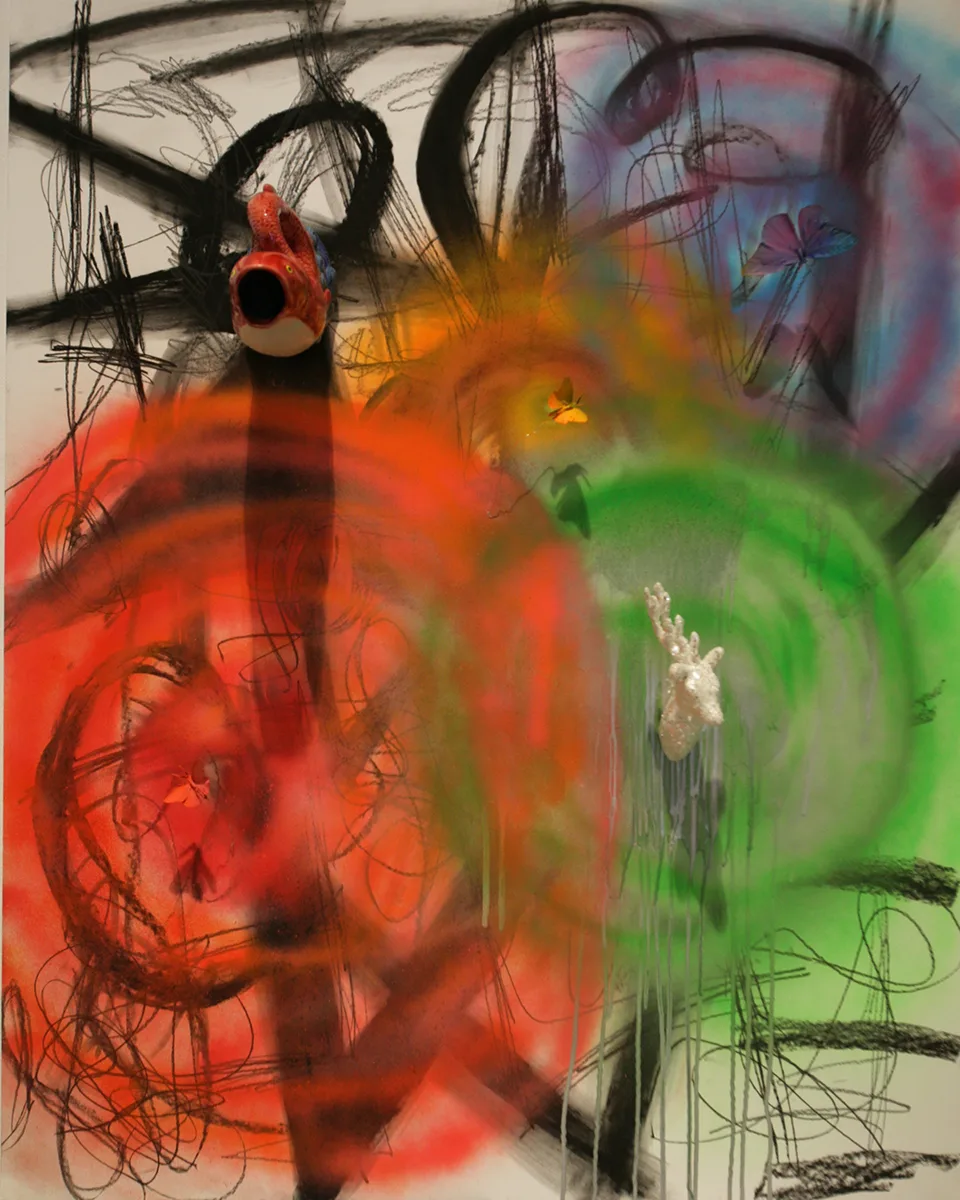 Fish Deer by Molly Larkey, mixed media on paper, 40 x 30 inches