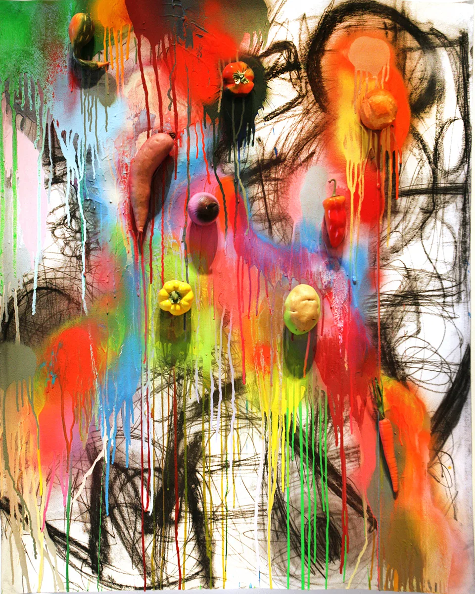 Vegetables by Molly Larkey, mixed media on paper, 40 x 30 inches