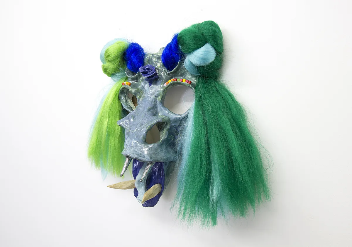 Pagan Liebeskind, 2019 by Lydia Maria Pfeffer, Ceramic, wood, synthetic hair, insulation fabric 27 x 24 x 7.5 inches
