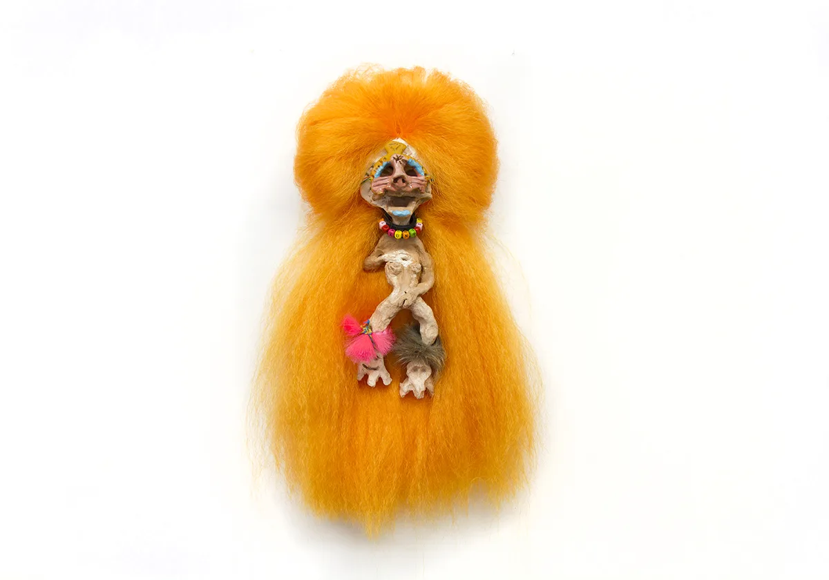 Ula Kuntish (Love Troll), 2019 by Lydia Maria Pfeffer Ceramic, synthetic hair, wood 27 x 14 x 4 inches