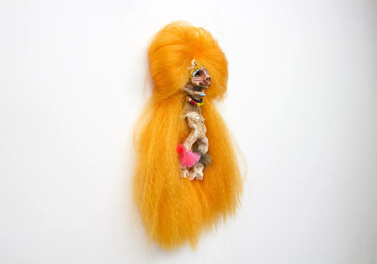 Ula Kuntish (Love Troll), 2019 by Lydia Maria Pfeffer Ceramic, synthetic hair, wood 27 x 14 x 4 inches