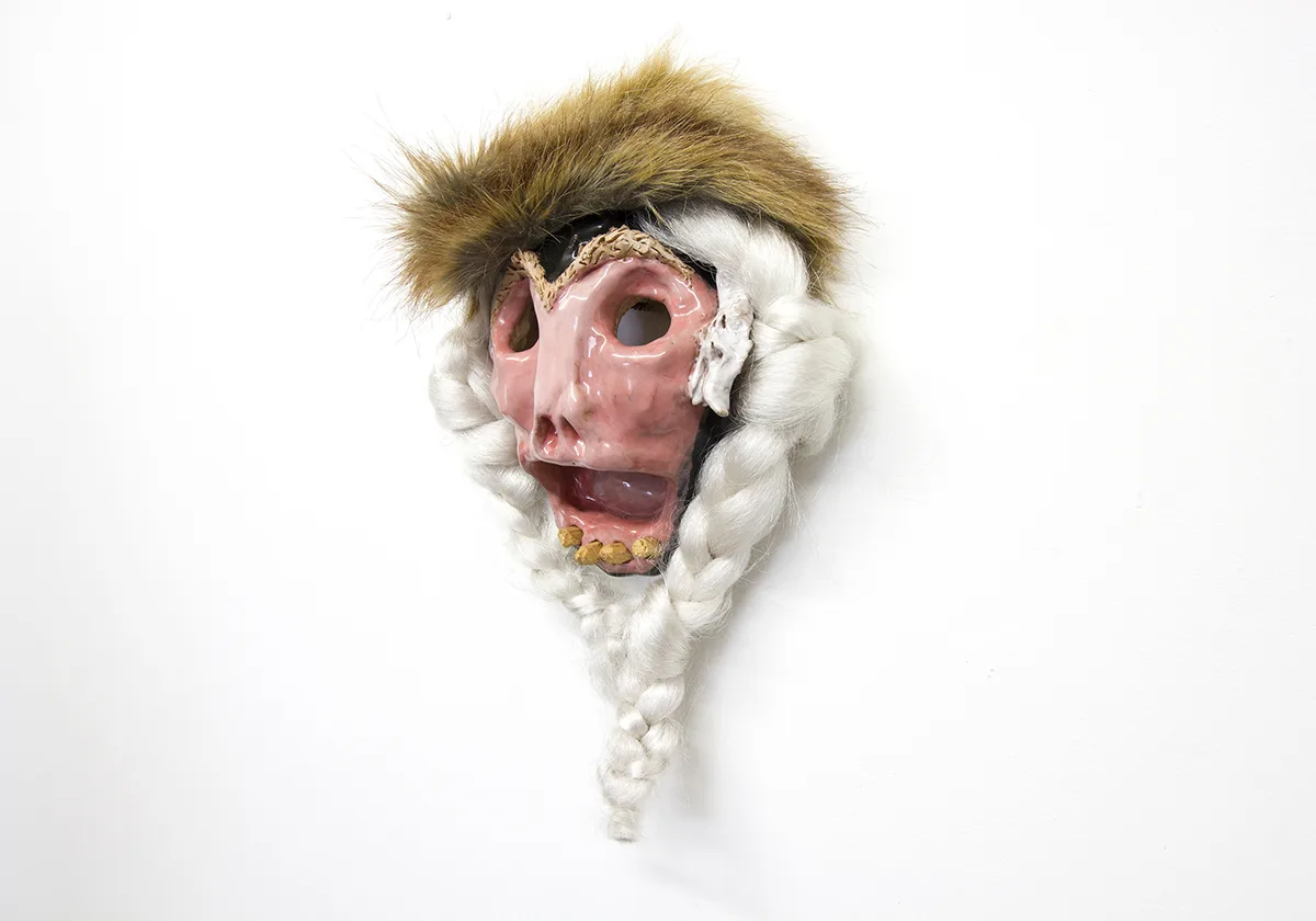 White Dragon Lady, 2019 by Lydia Maria Pfeffer, Ceramic, fox fur, synthetic hair, wood, 15 x 9.5 x 4 inches