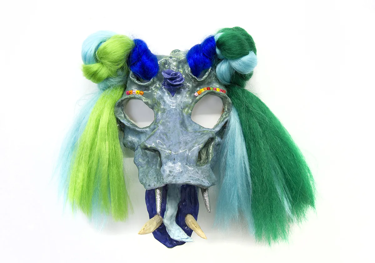 Pagan Liebeskind, 2019 by Lydia Maria Pfeffer, Ceramic, wood, synthetic hair, insulation fabric 27 x 24 x 7.5 inches