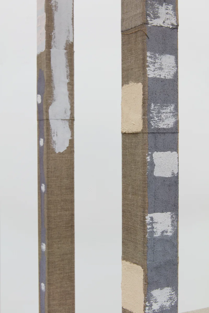 Detail of inhabit, 2017 by Molly Larkey 95.5 x 28 x 28 inches steel, linen, paint