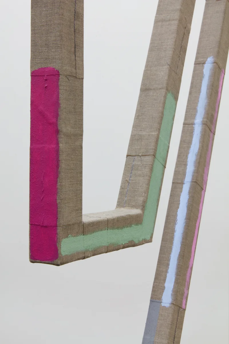 Detail of rise, 2017 by Molly Larkey 96 x 32 x 31.75 inches steel, linen, paint