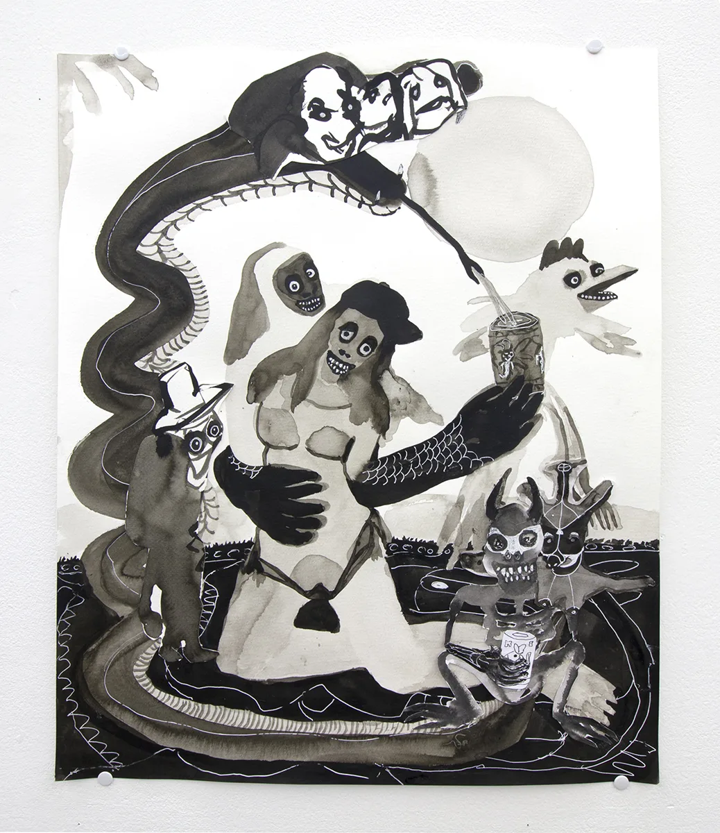 Beach with the fam, 2019 by Lydia Maria Pfeffer, India ink on paper 20 x 16 inches