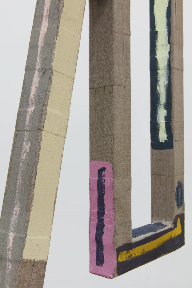 Detail of move, 2017 by Molly Larkey 96 x 20 x 35 inches steel, linen, paint